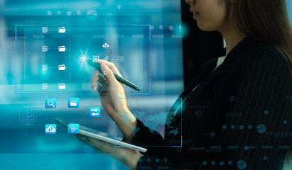 Poster - Document management system concept, businesswoman working on virtual screen and managing files online document database, for efficient archiving and company data. Technology business.