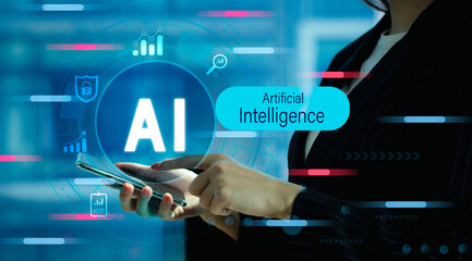 Poster - ChatGPT Chat concept AI, Artificial Intelligence. businesswoman using technology smart robot AI on smart phone. contact for business information analysis, Futuristic technology transformation.