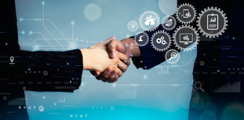 Business and Technology. Businessman and Businesswoman shake hands on blurred background with white digital and interface icon.	tech background design.