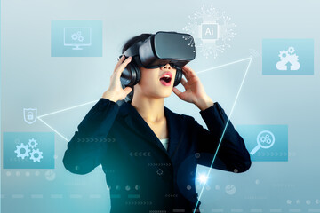 Poster - Technology Business Metaverse Concepts, Asian businesswoman in vr glasses with virtual reality screen, People emotions.