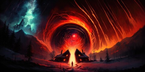 Wall Mural - Interdimensional portal rift aurora opening in space over rugged winter landscape, bright red cloudy fire vortex swirl, anti-matter implosion, 4th dimension travel, universe gateway - generative AI.