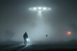 A surreal encounter! One man spotting a UFO amidst mist and lights. Generative AI.