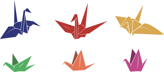カラフルな折り紙で作った6羽の折り鶴のベクター素材セット