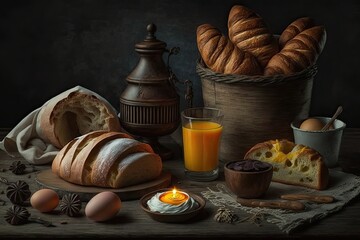 Canvas Print - On a dark wooden table are bread, rolls, pastries, croissants, and eggs. Generative AI