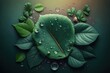 © AkuAku - Top view of a natural beauty podium backdrop with a green leaf and water droplets on the surface. Generative AI