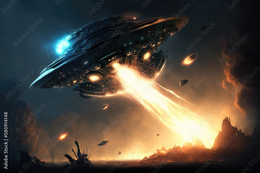 Science fiction setting An alien spacecraft attacks Earth, and a UFO ...