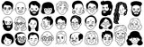 Fototapeta Dziecięca - Big set of various people's faces in hand drawn sketch design, black and white ink style. Ethnicity, diverse, different races, multiracial, Asian, caucasian, african, indian, american, arabian. 