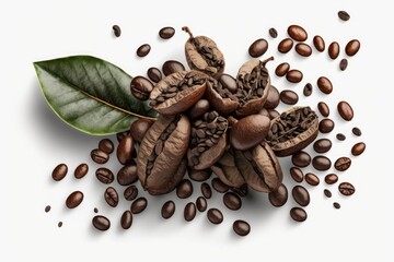 Wall Mural - numerous coffee beans in a bunch on a white background. Generative AI