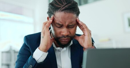 Wall Mural - Stress, headache and worry of man on laptop for business planning, reading online or career fatigue, burnout and pain. Anxiety, tired and migraine of professional black person working on his computer