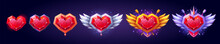 Heart Gem Rank Medal Game Badge In Gold, Silver, Bronze And Platinum Design With Wings. Isolated Achievement Icon Amulet Or Button Asset Set. Magic Medieval Jewelry Trophy For User Progress Rating.