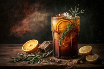 Poster - On a wooden background, an iced Americano coffee drink with a layer of orange and lemon juice is garnished with rosemary and cinnamon. Generative AI