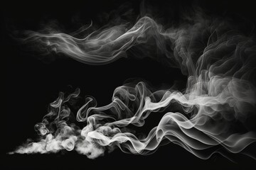 Vapor, smoke, and fog drifting on a dark background. Atmospheric Effect of mist or haze. Illustration in realistic black and white monochromatic. clouds or a smoke stream. a simulation. Generative AI
