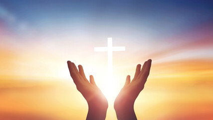 Wall Mural - human hands open palm up worship god on sunset background with cross on white