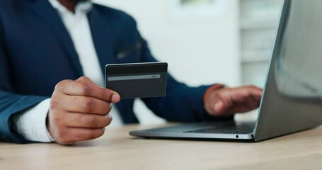 Aufkleber - Man hands, credit card and laptop for business online shopping, trading or fintech payment in office. Professional person typing bank information on computer, finance app or web 3.0 for stock market