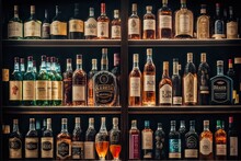 Liquor Store: Variety Of Hard Liquor Brands. Photo Generative AI