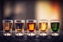 Five Shot Glasses With Assorted Alcohols. Photo Generative AI