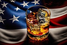 Whisky On American Flag Ice Cube. Photo Generative AI