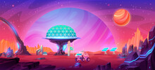 Futuristic City Under Glass Dome On Alien Planet. Vector Cartoon Illustration Of Modern Rover, Solar Panels And Space Buildings On Red Rocky Landscape. Fantasy Science And Tecnhology Cosmic Station
