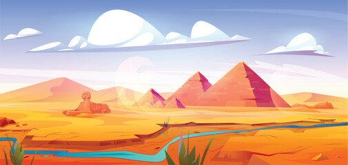 Wall Mural - Drought in Egyptian desert with ancient pyramids and antique sphinx statue on bank of almost dry river. Vector cartoon illustration of sandy valley landscape with dunes, pharaoh tombs. Global warming