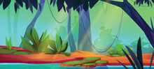Cartoon Jungle Landscape With River. Vector Illustration Of Tropical Forest Landscape With Green Bushes, Grass, Liana Vines Hanging On Trees, Blue Lake Water Surface. Rainforest Adventure Background