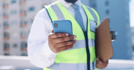 Poster - Engineer, construction and hands typing on phone outdoor for communication and 5g connection. Engineering person or black man contractor in city with mobile app for development on building project