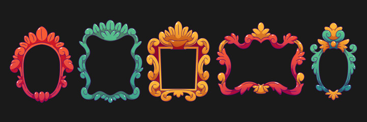 Poster - Set of contemporary cartoon frames isolated on black background. Vector illustration of colorful vintage borders for photo, picture, mirror, drawing. Retro style home or museum decoration element