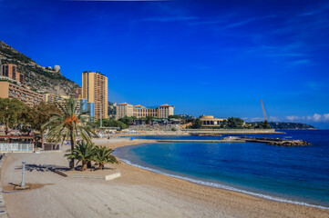 Canvas Print - Mediterranean coastline on Larvotto Beach in Monte Carlo Principality of Monaco