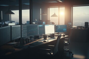 Poster - Modern office interior with computers and city view. Generative AI
