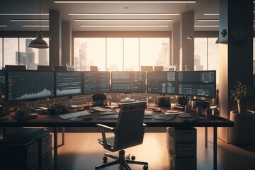 Poster - Generative AI of modern office with computers on table and city view