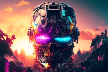 Robot cyborg skull on an apocalyptic background. Generative AI