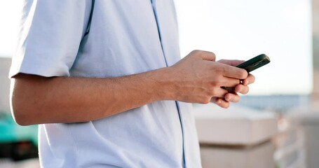 Poster - Phone, hands typing or rooftop person check email, scroll on ui or surfing internet, web or online search for social media. Digital news, 5g mobile smartphone and man texting, message or contact user