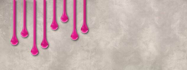 Wall Mural - Pink ink drops on light concrete wall. Horizontal banner