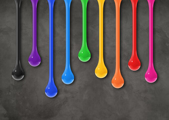 Wall Mural - Colorful ink drops on dark concrete wall. Horizontal wallpaper