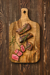 Wall Mural - Overhead view of grilled beef steak, prime meat