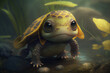 cute adorable little turtle greating me with yellow cloth lying on the river Generative AI