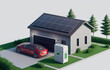 Electric car parking charging at home garage with green roof wall box charger station. Residence family house building with clean energy photovoltaic solar panels. Renewable smart power Generative AI