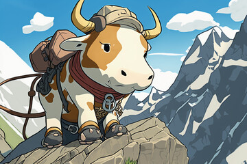 Wall Mural - Extremely cute little Anthropomorphic mountain climber cow, cel shaded game graphics Generative AI