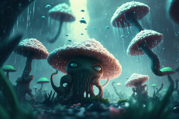 Wall Mural - Invasion of hundreds tiny pygmy alien cthulhu mushroom swamp creatures, realism, concept art Generative AI