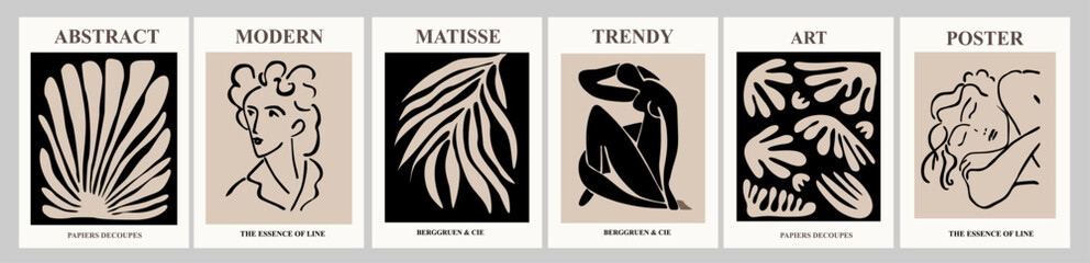 Set of abstract posters in modern beige and black colors . Trendy Matisse inspired contemporary wall art. Aesthetic minimalist design. Vector art illustrations.