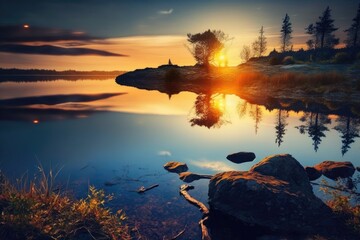 Wall Mural - Sunset on the lake's shore. natural setting Northern European nature blue sky, yellow sun, and reflection. landscape just before dusk. Generative AI