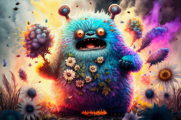 Wall Mural - Swamp Yeti Minion Hella Evil burning with the desire to cause Swamp Chaos surrounded by gorgeous colorful flowers and butterflies  Generative AI