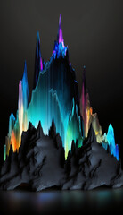 Wall Mural - vibrant vived mountain soundwave made of iridescent silk, glowing, translucent gemstone, labradorite and opal soundwave structure, abstract cacophony Generative AI