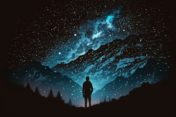 Wall Mural - man traveling silhouette top mountain, stand. milky way and stars in a blue night sky on a dark back