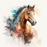 A watercolor painting of a horse on white paper. 