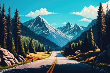 Wall Mural - a deserted asphalt road, a forest, and a mountainous landscape with a blue sky. Generative AI