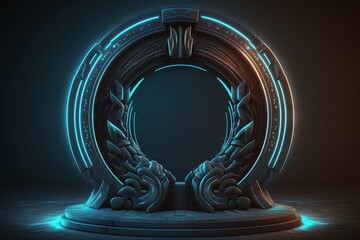Poster - Futuristic portal with neon lights. Generative AI