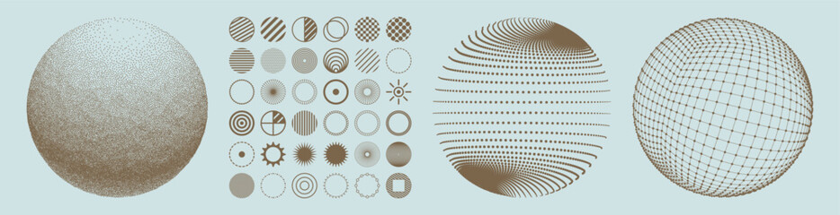 Collection of different graphic elements for design. Icon set. Spheres with lines and dots. Wifi sound signal connection or sound radio wave. 3D geometric striped rounded shape for web, mobile or ui.