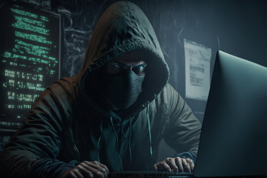 hacker in front computer with laptop, stealing information, Hacking the Internet, Dark face, Made by AI,Artificial intelligence