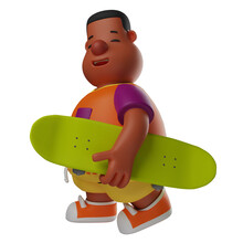 3D Cartoon Big Boy Holding A Skateboard Illustration, 3D Character Design Big Boy Carrying A Skateboard, 3D Character Cartoon Big Boy With A Skateboard