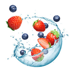 Poster - Strawberries and blueberry with water splash